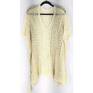 Crochet Lace Pullover Vneck Kimono Size Medium Ivory Boho Oversized Coverup